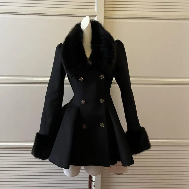 Winter French Hepburn Black Fur Collar Woolen Coat Women Vintage Blends Slim Mid-length Outwear Elegant Lolita Warm Outfits 2025