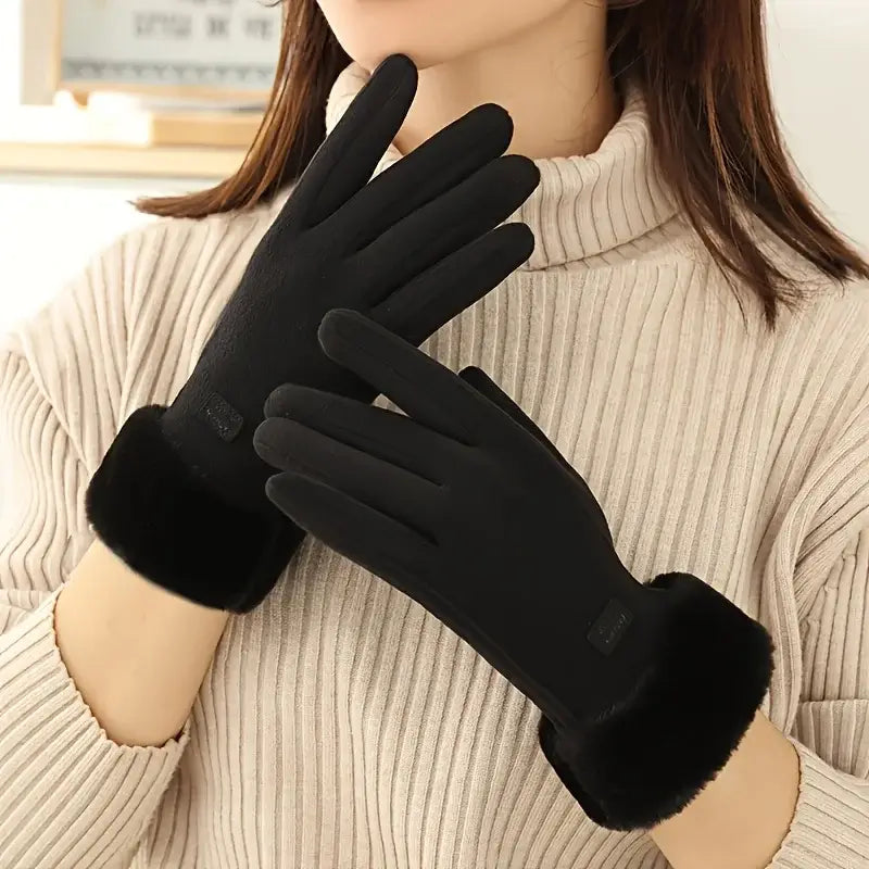 black women winter touchscreen gloves with plush fuzzy cuffs fleece lined smooth fabric windproof design shown from the back side