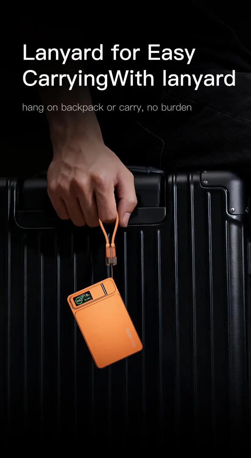 Banco de energía inalámbrico rectangular naranja con capacidad de 10000 mAh y accesorio para cordón, con compatibilidad de salida 5 V=3 A y 9 V para carga MagSafe.