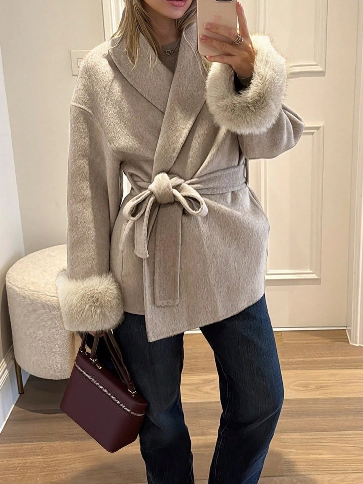 Women Winter Wrap Coat Wool Blend Belted Faux Fur Cuff Beige 2026 New Elegant Old Money Office Outerwear