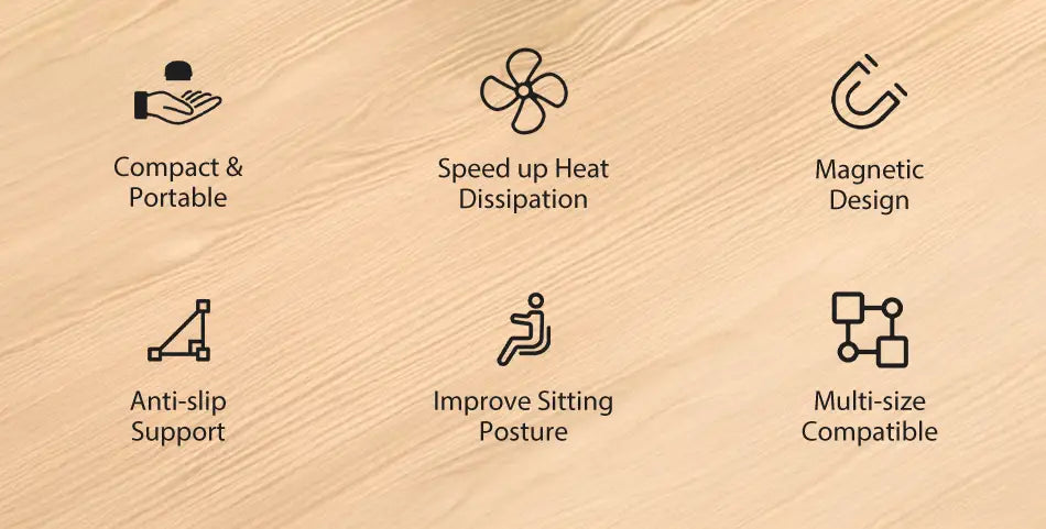 The image displays six black line icons on a light wood-grain background highlighting key features of the Rocoren magnetic laptop stand and cooling holder including compact portability and magnetic design.