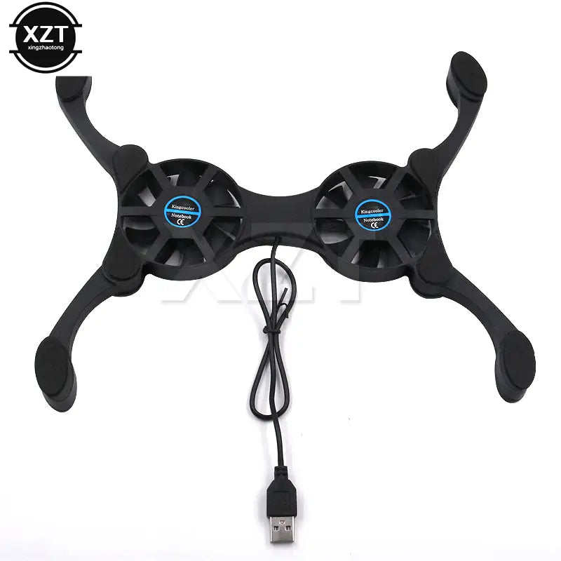 Black dual-fan laptop cooling pad with usb cable for efficient laptop cooling and usb powered operation.
