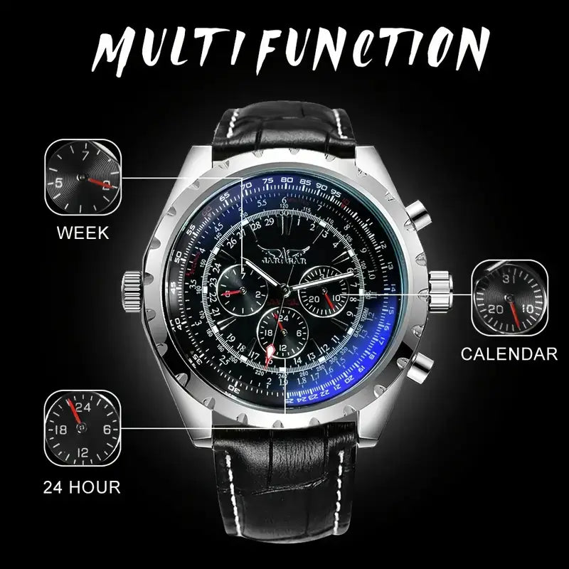 Mechanical stainless steel men’s chronograph watch with a silver-toned case, black leather strap, and blue-tinted dial featuring multiple subdials for week, calendar, and 24-hour functions.