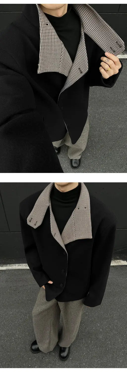 Veste d’hiver en laine marron pour homme, coupe slim, avec manteau noir surdimensionné, col à motif pied-de-poule gris et blanc contrastant.