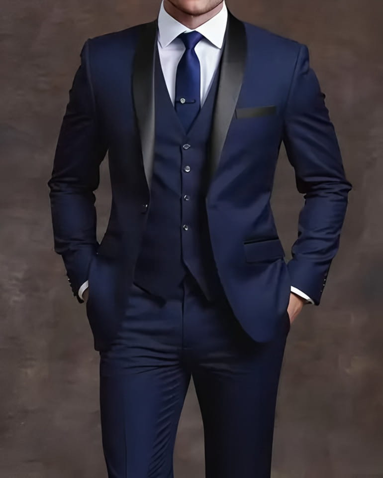 Herren schwarzer Slim-Fit-Anzug einreihiger Smoking in Navyblau mit schwarzen Satin-Revers und passender Weste, einreihige Knopfverschlussart.