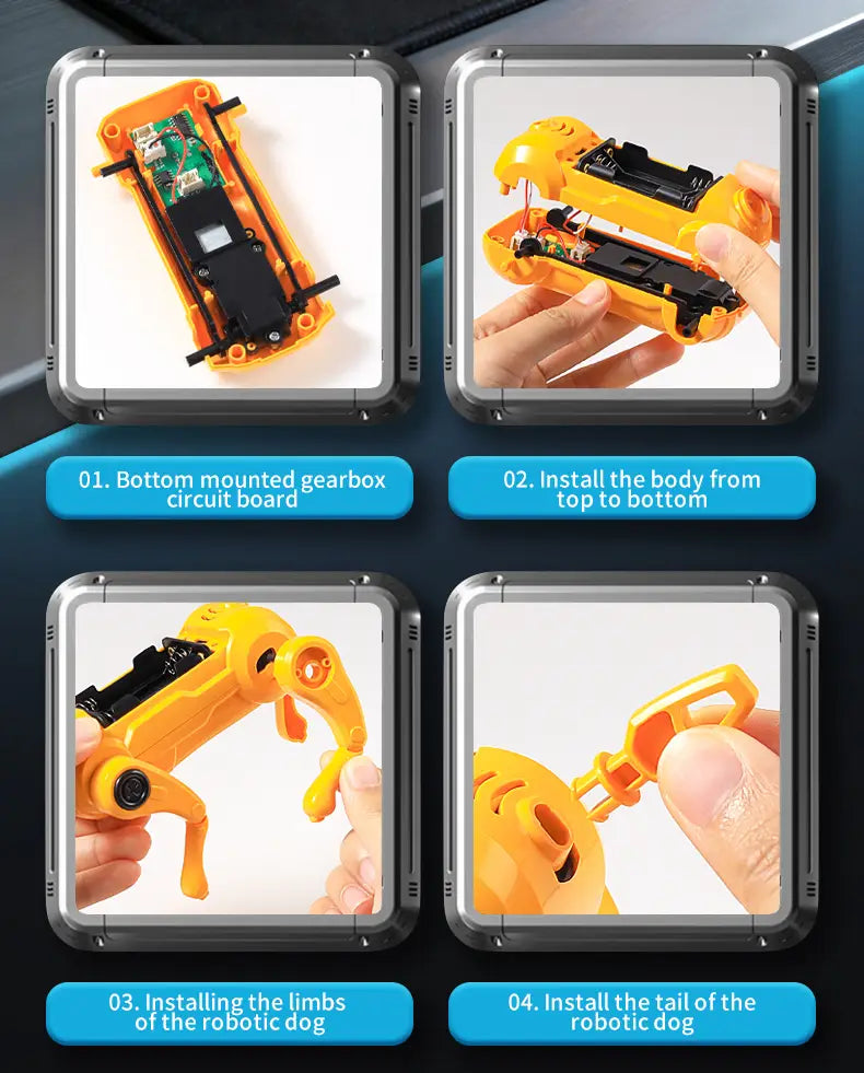 Bright yellow abs plastic diy assembled dog robot toy with visible circuit board and mechanical joints made in mainland china and featuring voice control functionality.