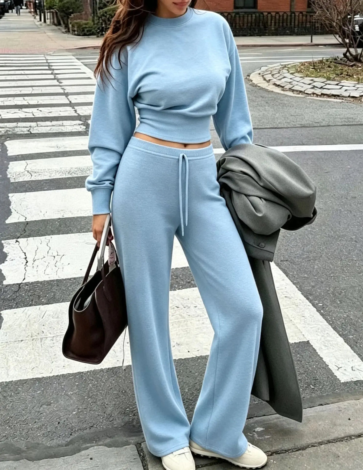 Women's Clothing Autumn and Winter New Casual Waist Top Wide-leg Pants Home Daily Two-piece Set
