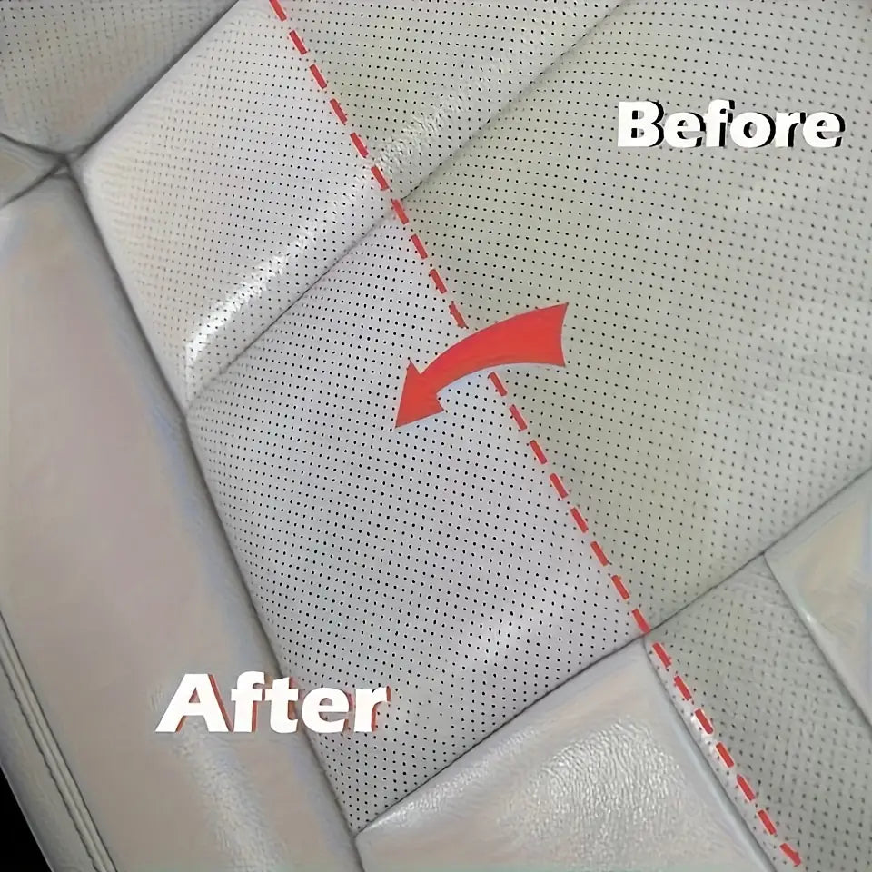 赤いステッチのある、白いパンチング加工のレザーカーシートの張地が、「自動車用内装ディテイリングスプレー」および「レザークリーナー」を用いて清掃されています。