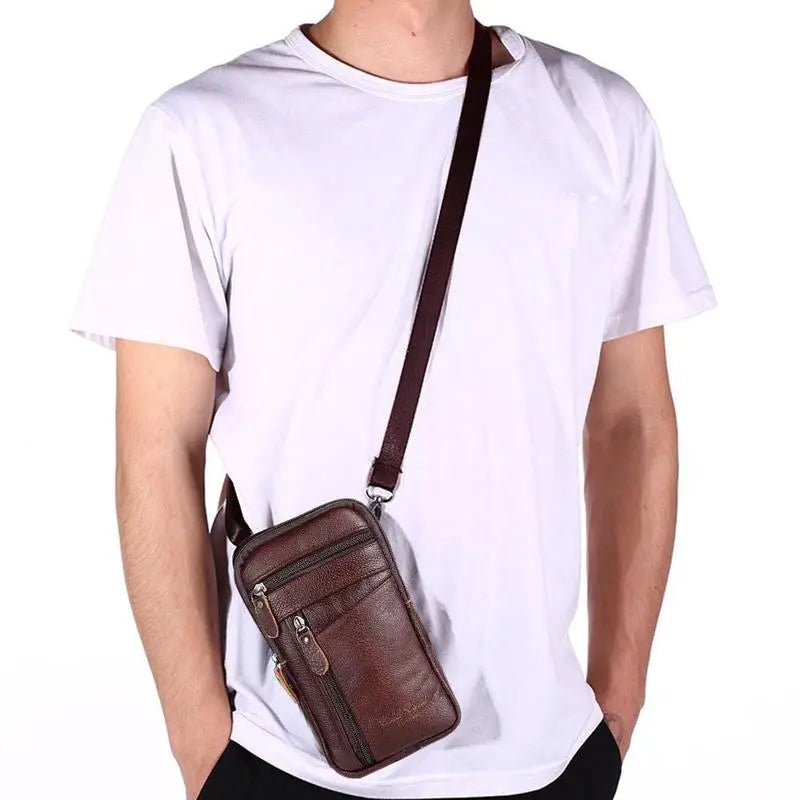braune Ledergürteltasche für Herren und Umhängetasche für das Mobiltelefon mit mehreren Reißverschluss-Fächern und verstellbarem Riemen für ein komfortables Gürteltaschen-Erlebnis