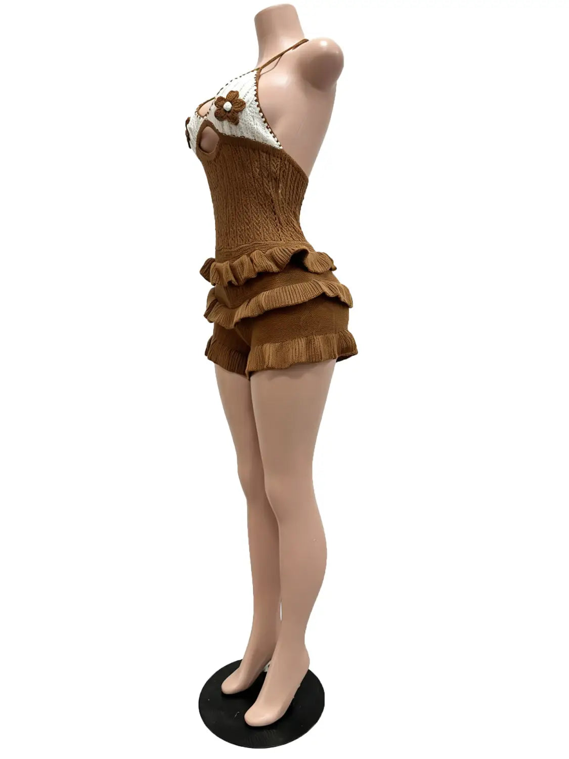 Brown corduroy knitted ruffle halter romper with white beaded floral embellishment on the shoulder for summer playsuit.