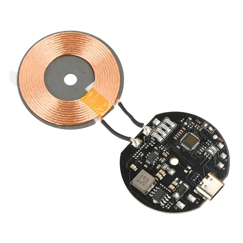 wireless charging module 20w car pcba showing the back side with a copper coil and black circuit board featuring a usb-c port and automatic recognition capability