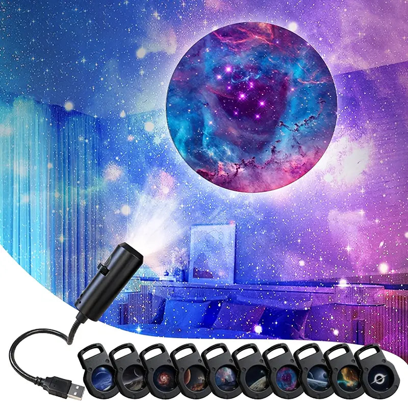 Black led galaxy projection lamp with usb power and interchangeable cosmic-themed lens attachments with 10 slides