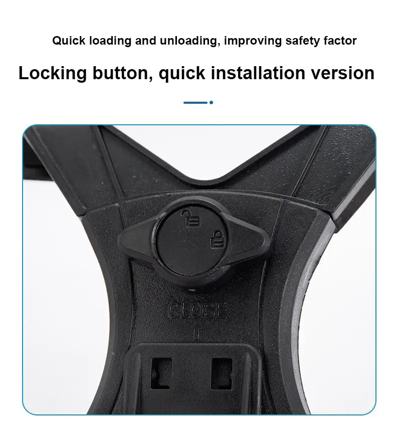 ロックおよびアンロックの記号を表示した円形ダイヤル付きの、ブラックのプラスチック製ロッキングボタン（ユニバーサルタブレット用三脚マウントクランプへの素早い取り付け用）。