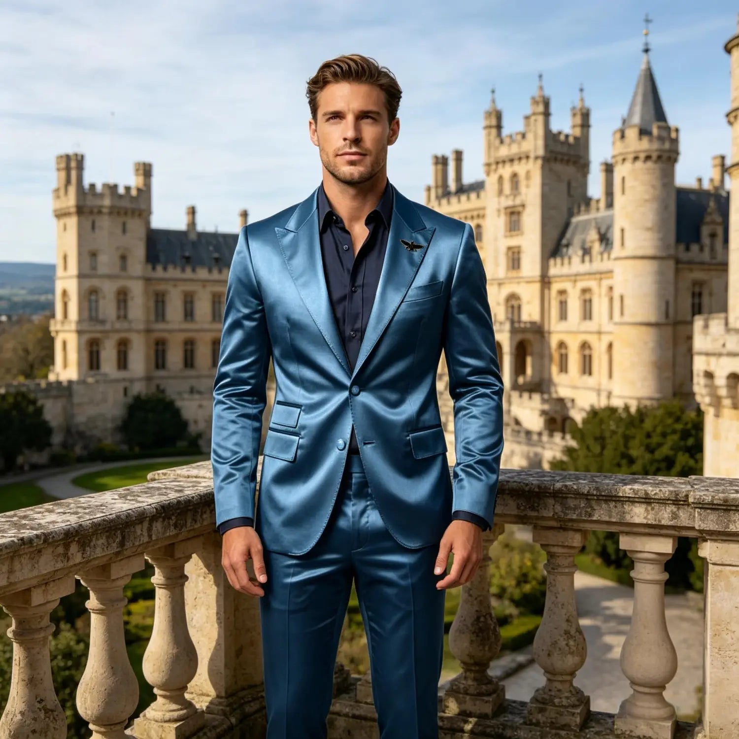 Ein eleganter Herren-Satin-Tuxedoanzug Slim Fit blau, zweiteilig, mit Satin-Finish und passender Hose, getragen über einem dunkelnavyfarbenen Hemd.