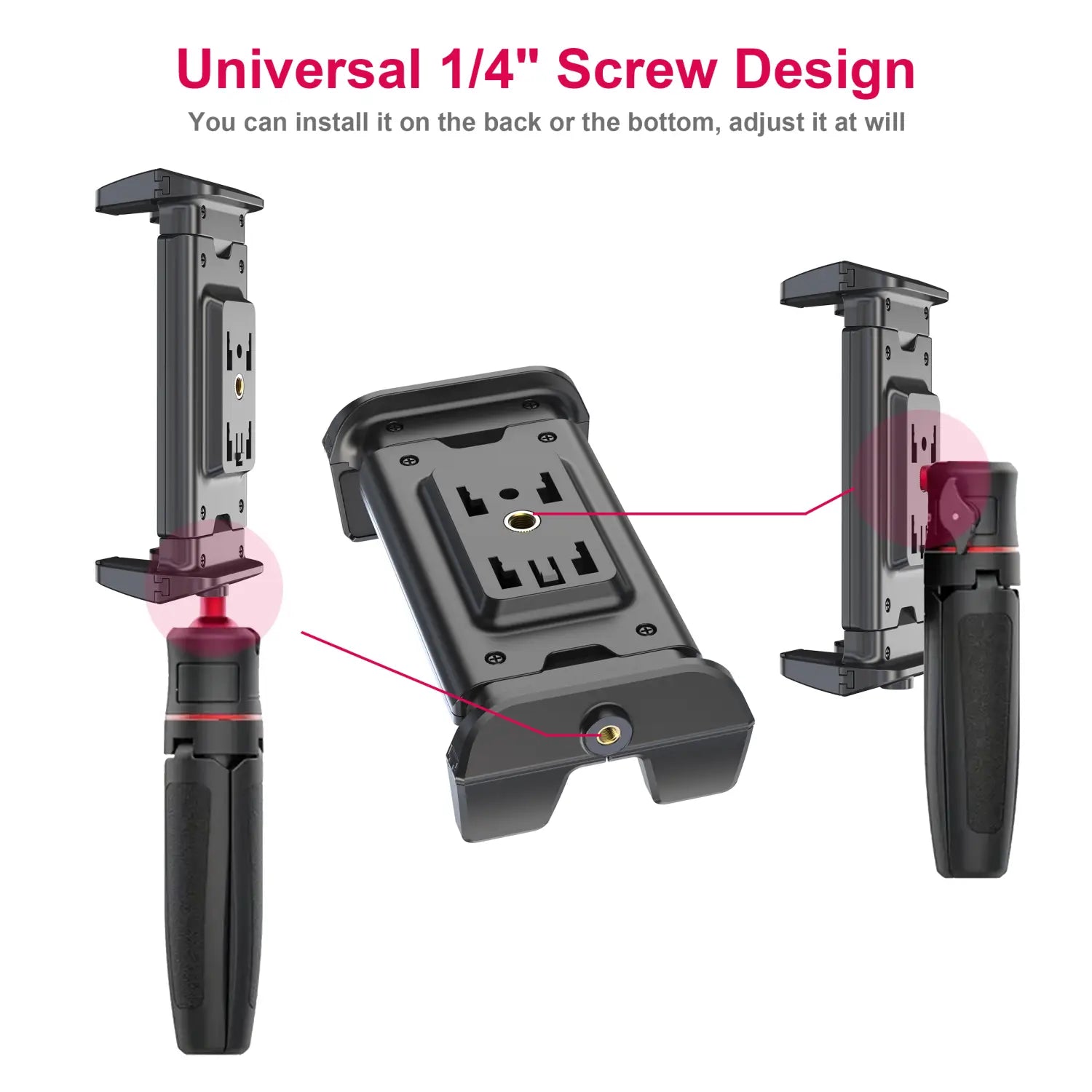 black universal 1/4 inch screw mount bracket for smartphones and tablets featuring a sturdy adjustable length design with a textured grip handle for tablet holder tripod use