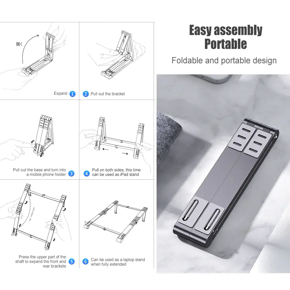 Silver metallic foldable aluminum laptop stand with sleek minimalist design for mobile phone and mobile phone tablet use.