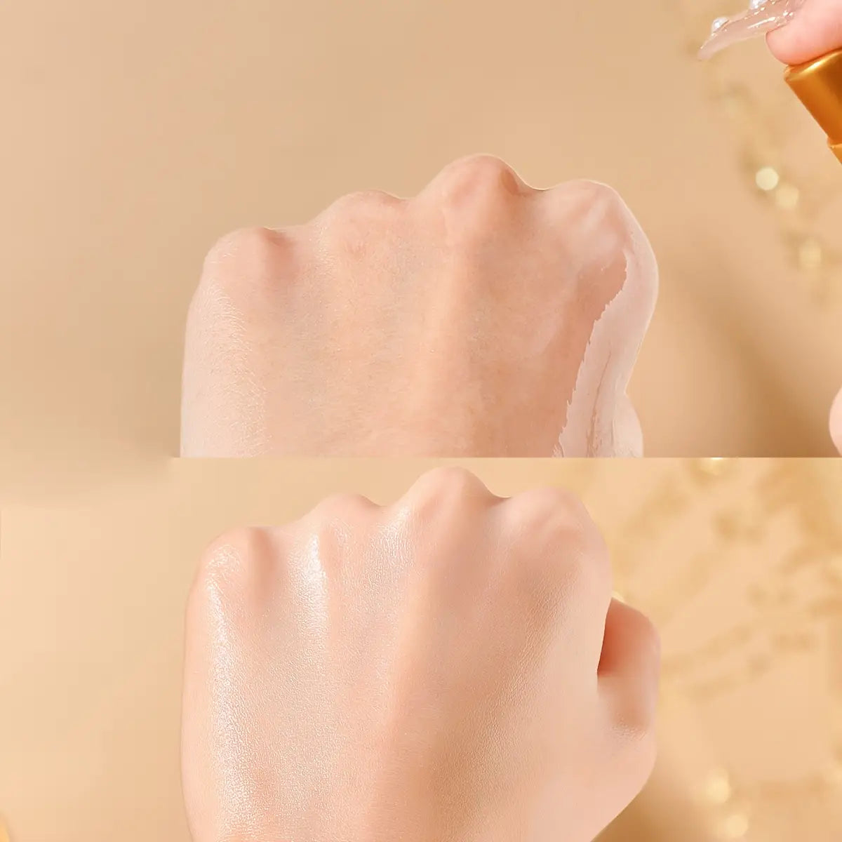 una botella dorada con pulverizador aplicando un suero ligero y luminoso en el dorso de una mano, mostrando el spray esencial de aceite para el cuidado del cabello de 100 ml para uso esencial en el cuidado del cabello.