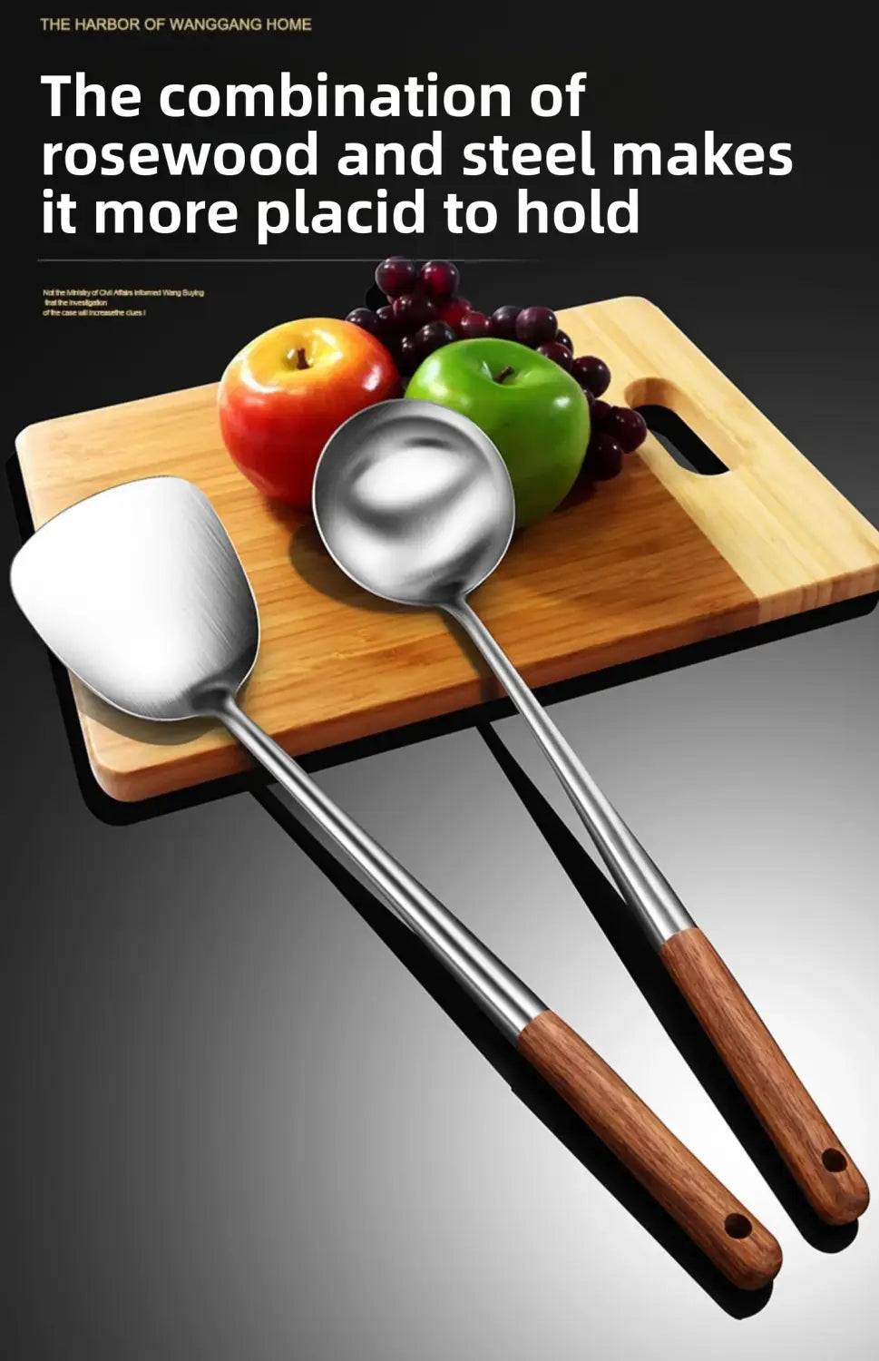 Ensemble de spatule à wok et de louche en acier inoxydable, avec poignées en palissandre, comprenant une spatule plate et une louche arrondie.