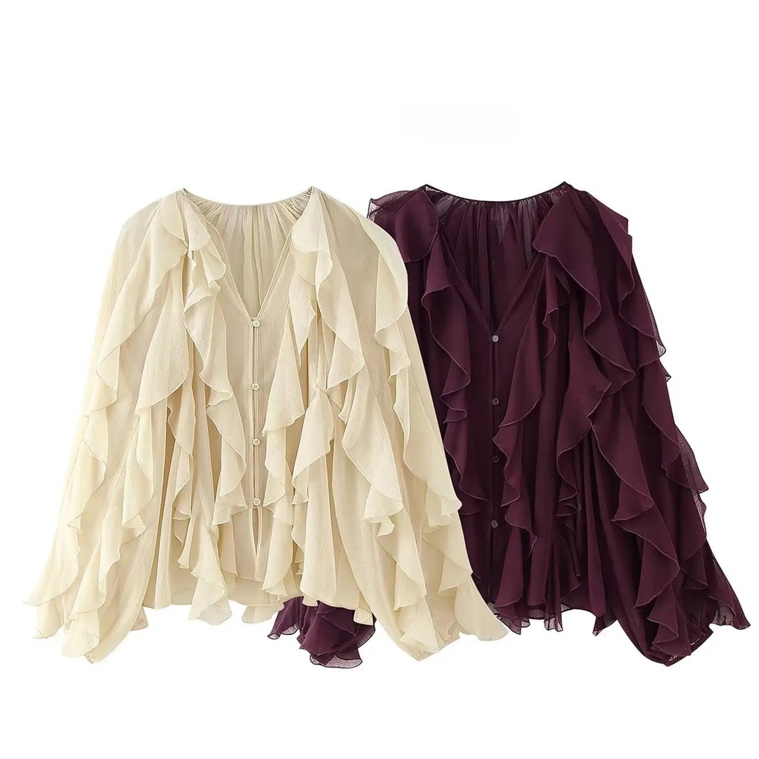 Cream and burgundy long sleeve ruffle shirt long chiffon blouses with button-front detailing and v-neck design