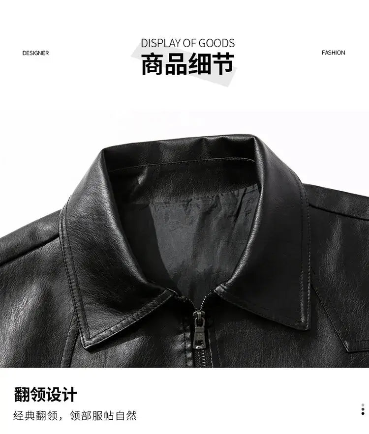 Men’s light green faux leather moto jacket featuring a black faux leather jacket front with classic turn-down collar and zipper closure.