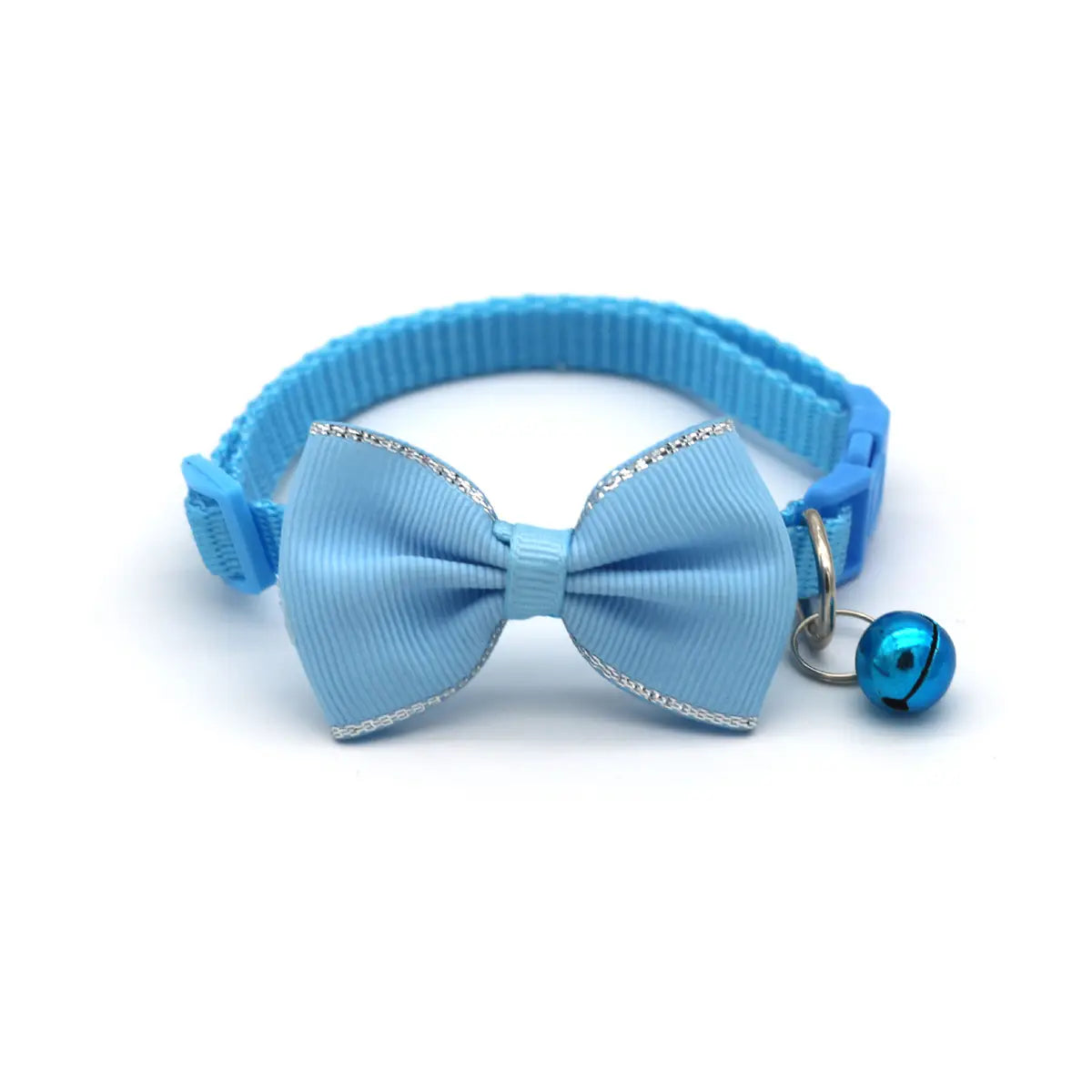 Light blue ribbed fabric cat collar bowtie with silver glitter trim and a matching metallic bell adjustable for multicolor use.