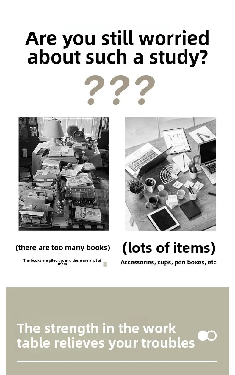 a black and white graphic showing cluttered workspaces with text highlighting the strength of the modern wood student computer desk with integrated bookshelf designed to organize books and items efficiently.