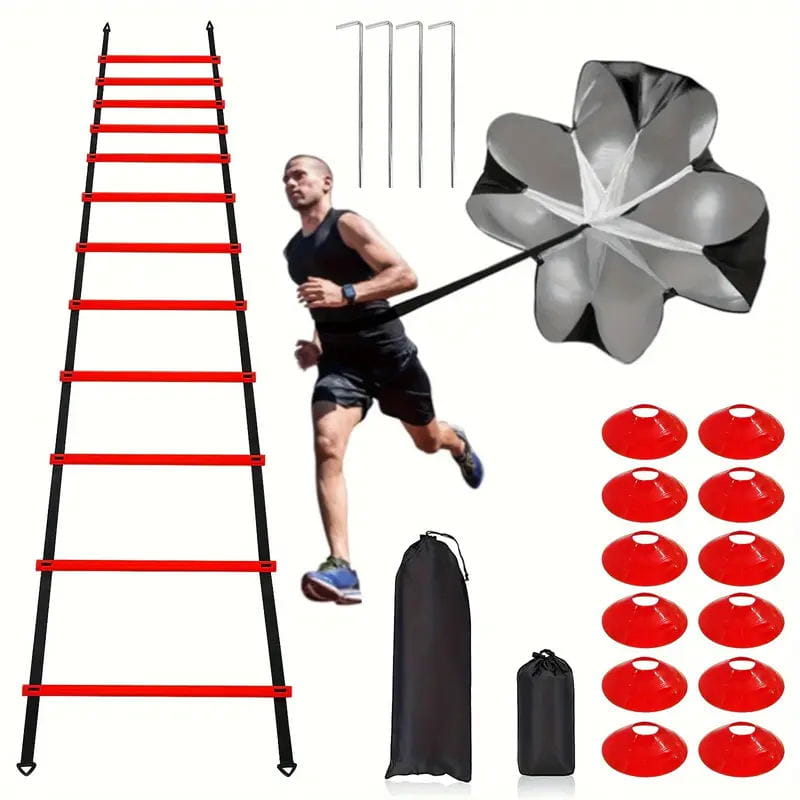 red and black agility ladder made of durable material in the soccer speed training parachute and agility ladder kit designed for improving footwork and speed.