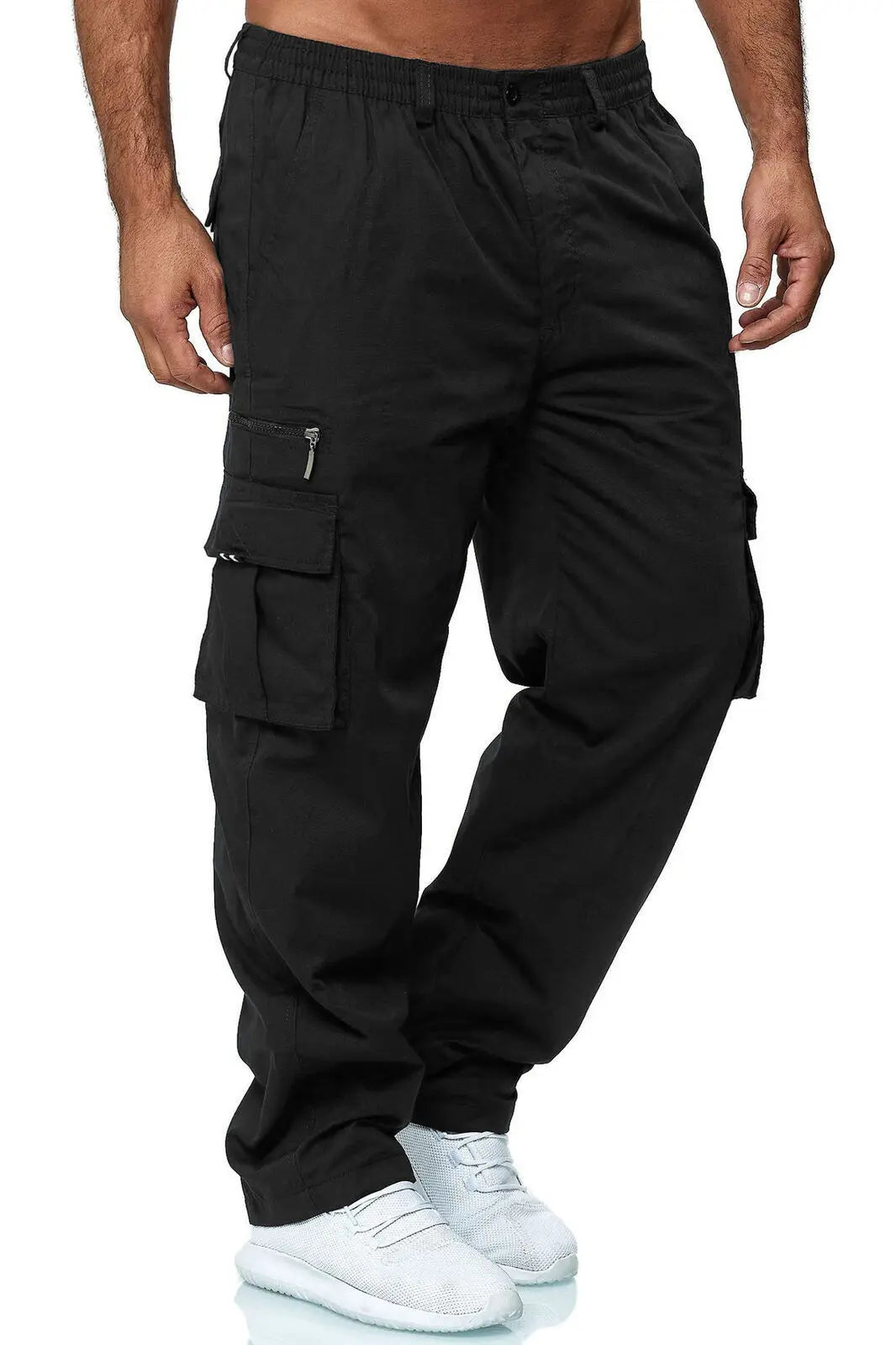 Pantalones cargo casuales holgados para hombre en color negro, con múltiples bolsillos y cinturilla con cordón, para un uso diario cómodo.