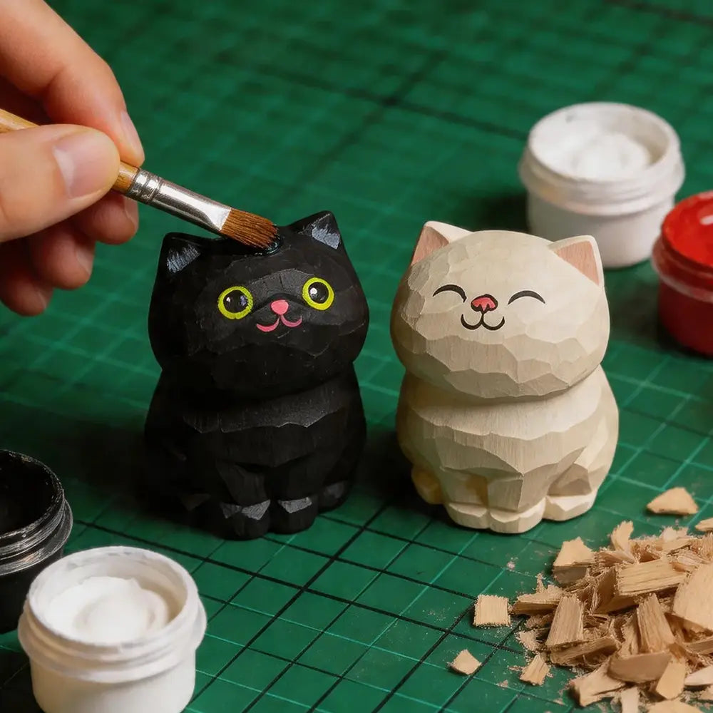 Black painted handcrafted wooden cat figurine with yellow eyes and pink nose for desk decor available as an actual product factory direct.