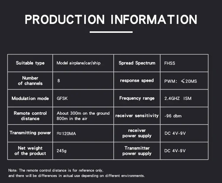 black production information table with white text detailing technical specifications on the back side of hotrc ht-8a 8ch remote control transmitter kit including power supply requirements