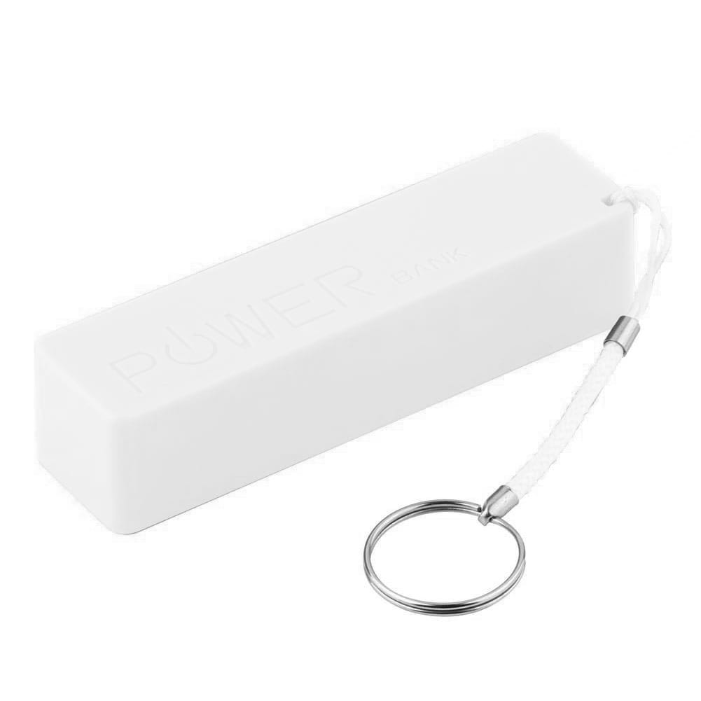 Weiße rechteckige tragbare Powerbank mit Schlüsselanhänger-Anbringung, ausgelegt für eine 18650-Batterie und zum Laden über Micro-USB