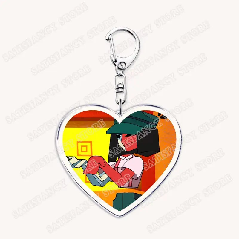 Herzförmiger Acryl-Schlüsselanhänger mit einem farbenfrohen Cartoon-Charakter mit grüner Mütze und roten Handschuhen auf einem orange-gelben Hintergrund, ideal als Anime-Geschenk für Gamer.