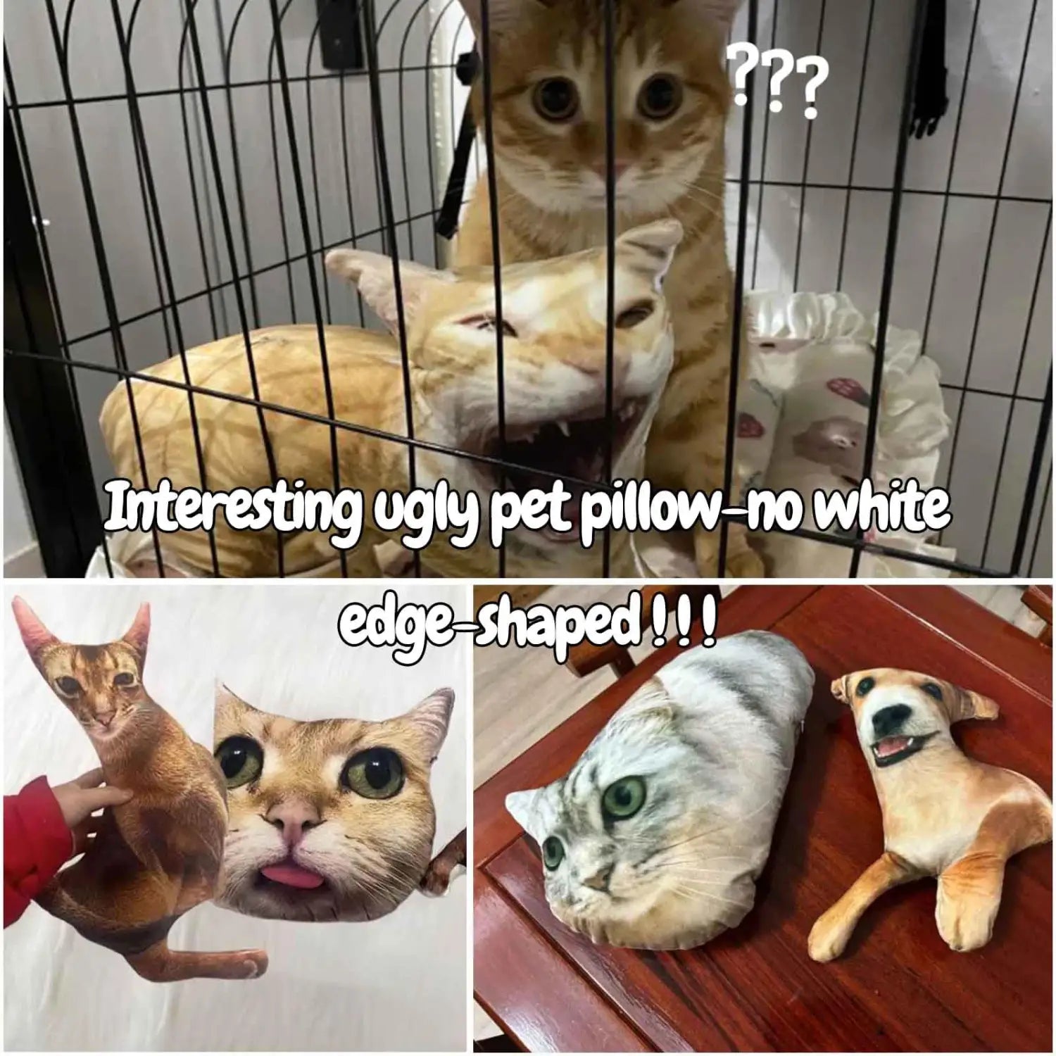 A plush custom pet pillow shaped like a realistic cat with detailed fur texture and green eyes for personalized dog and cat home decor.
