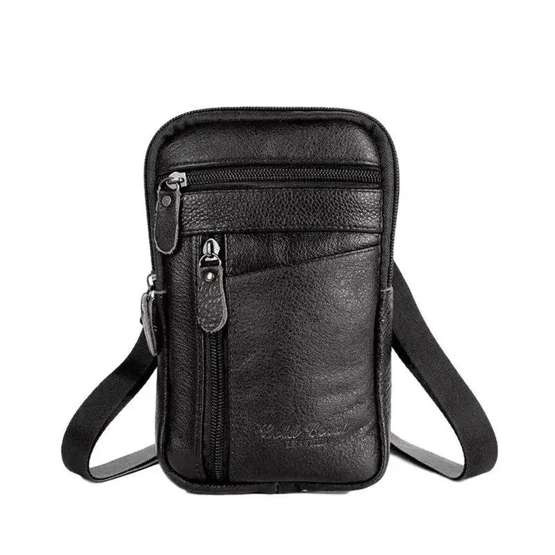 schwarze Ledergürteltasche für Herren mit mehreren Reißverschlüssen und strukturierter Oberfläche, entworfen als bequeme Umhängetasche für das Mobiltelefon