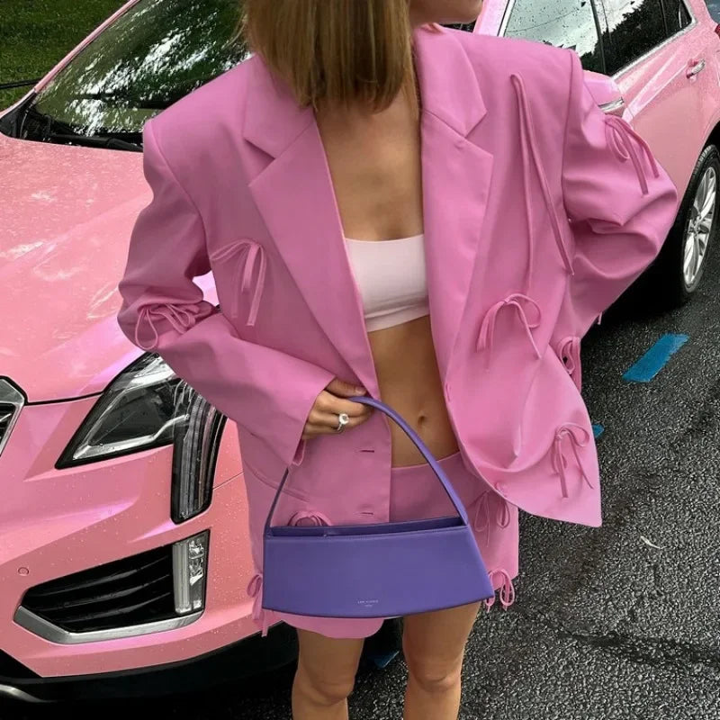 Elegant Women Suit Blazer Top Y2K Fashion INS Autumn Pink Bow Long Sleeve Single Breasted Pocket Jacket Coat Streetwear Outwear