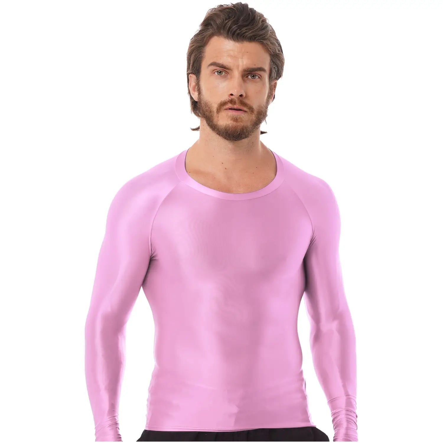 Camiseta de compresión para hombre de manga larga y acabado brillante, en rosa elegante y ajustado, con cuello redondo y mangas raglán, diseñada para el rendimiento atlético.