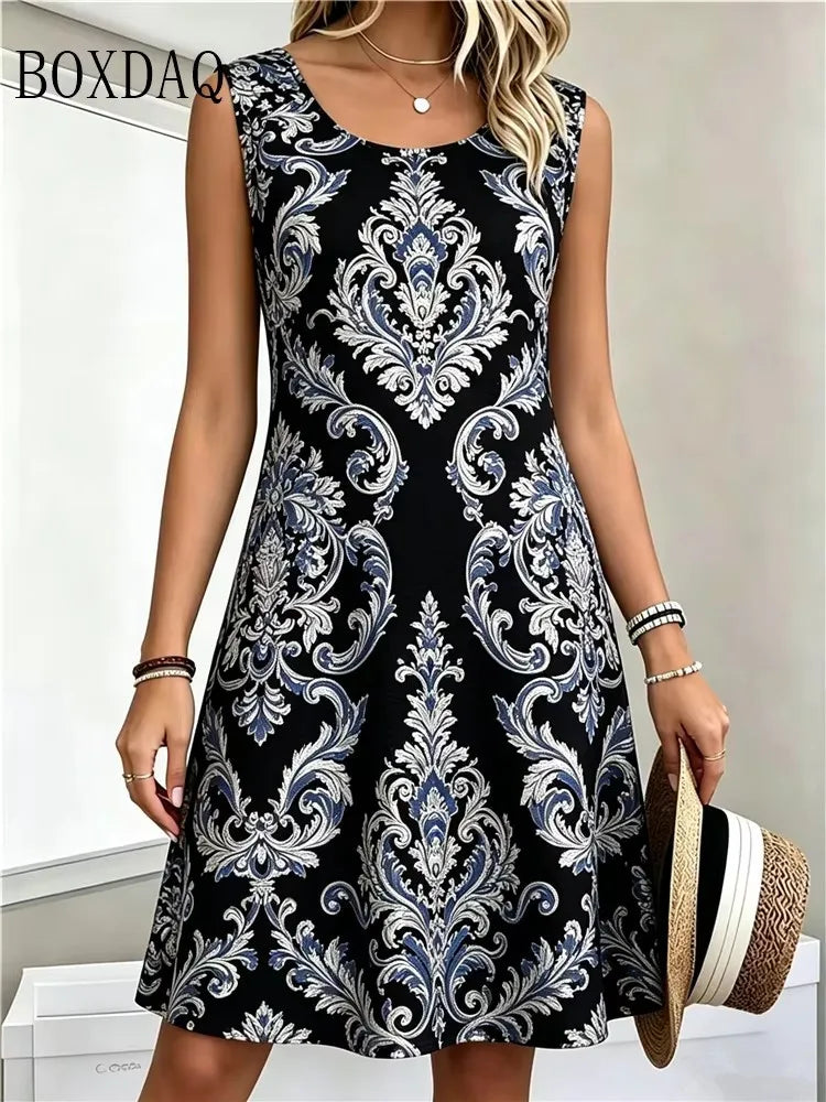 Ethnic Style Pattern Vintage Women's Dresses For 2026 New Summer Clothing Loose Plus Size Casual 3D Print Loose Sleeveless Dress