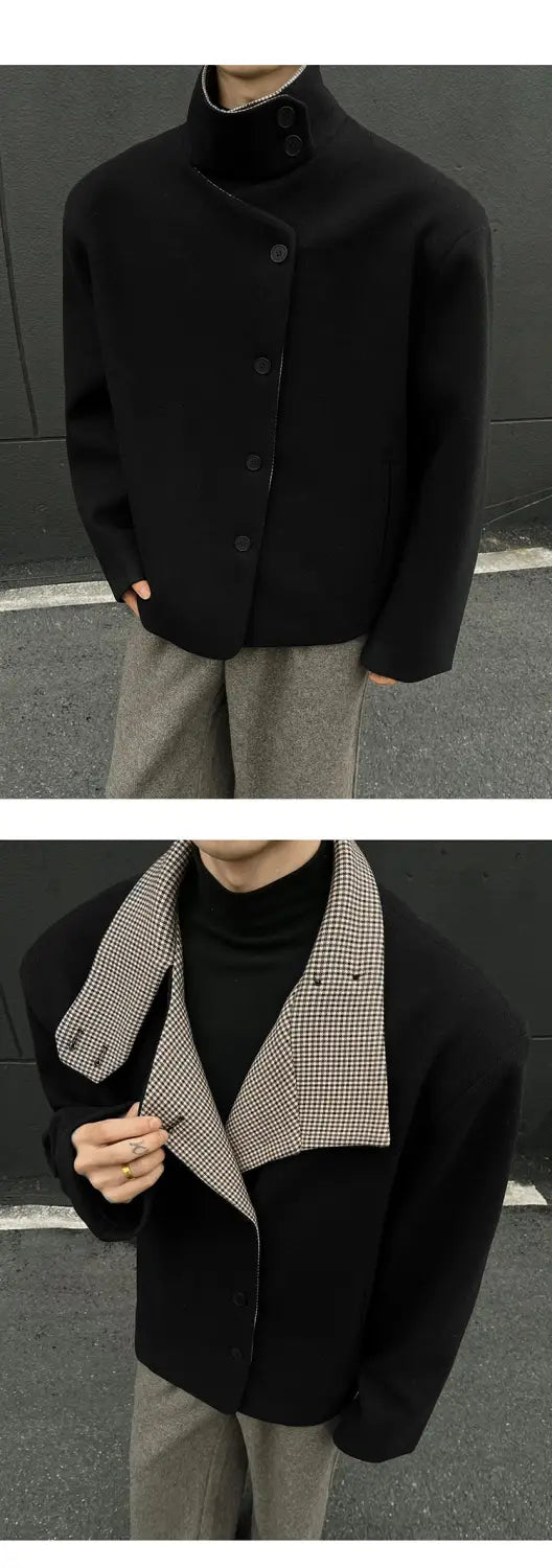 Veste d’hiver en laine marron pour homme, coupe slim, avec manteau en mélange de laine noire, col haut et revers à motif pied-de-poule contrastant.