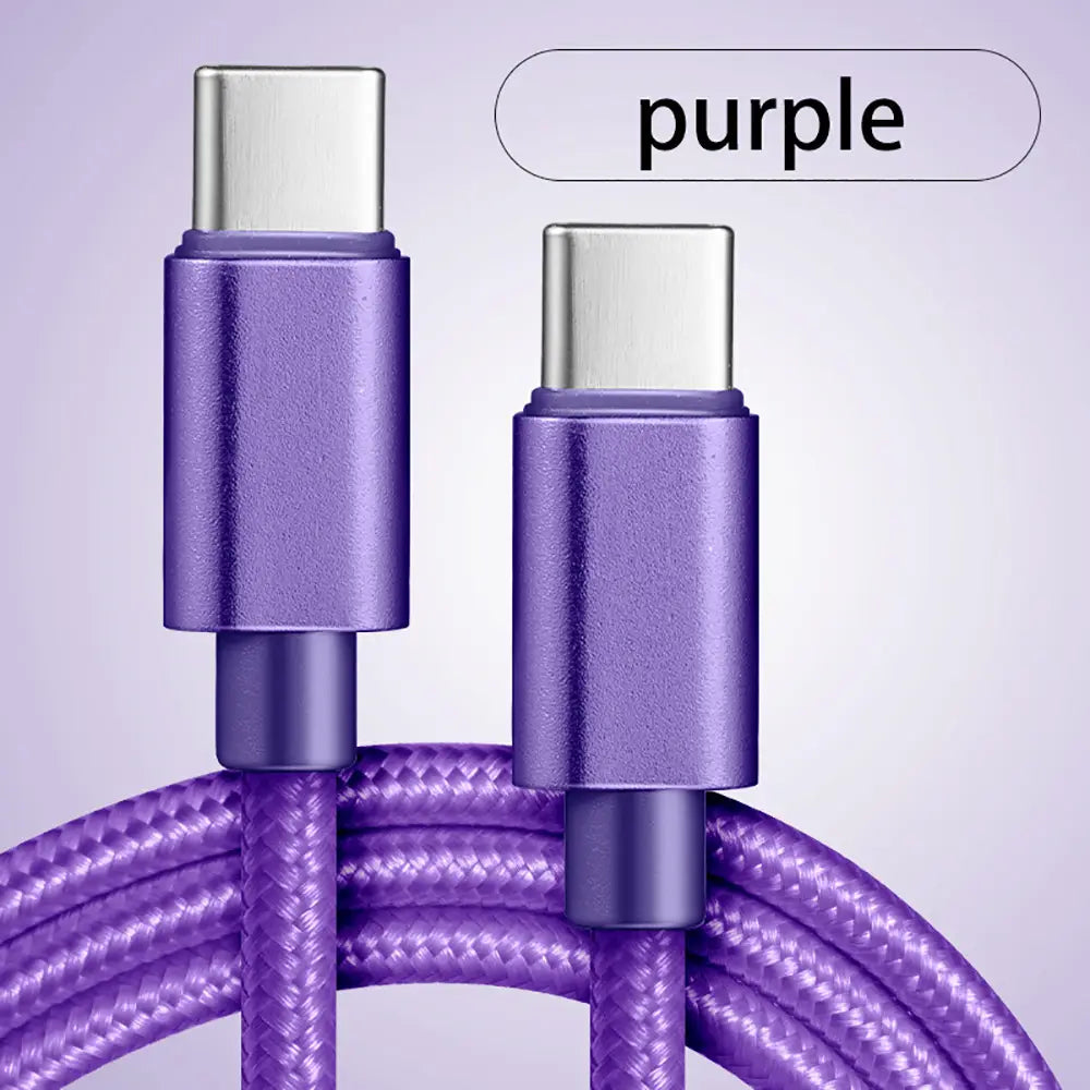 Purple braided USB-C fast charging cable with metallic connectors for durable and efficient power transfer.