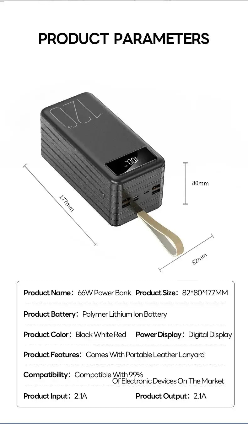 Black 66w portable power bank with 120000mah capacity fast charging digital display multiple usb ports and leather lanyard.