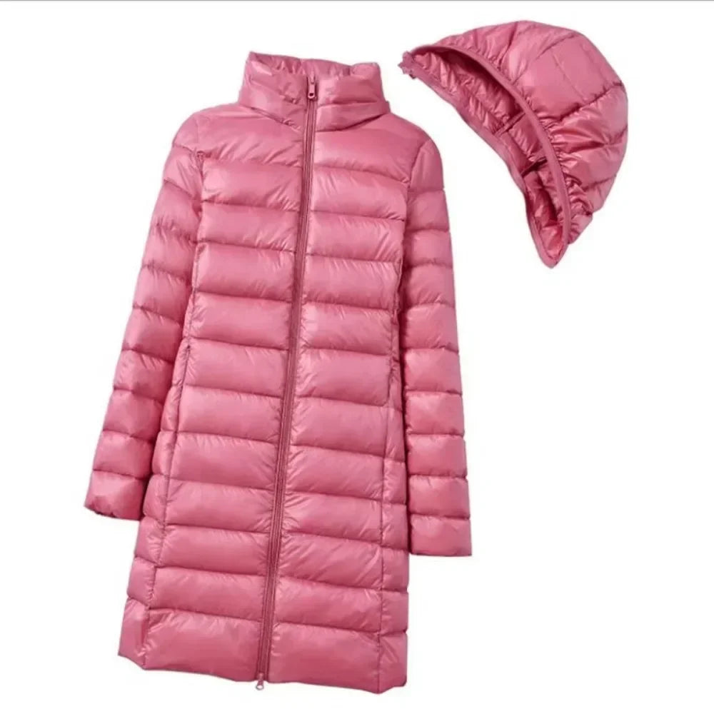 Fashionable Outerwear Winter Women Korean Fashion Slim Remove Hooded Parka Down Jackets Long Light Thin Coat Puffer Jacket