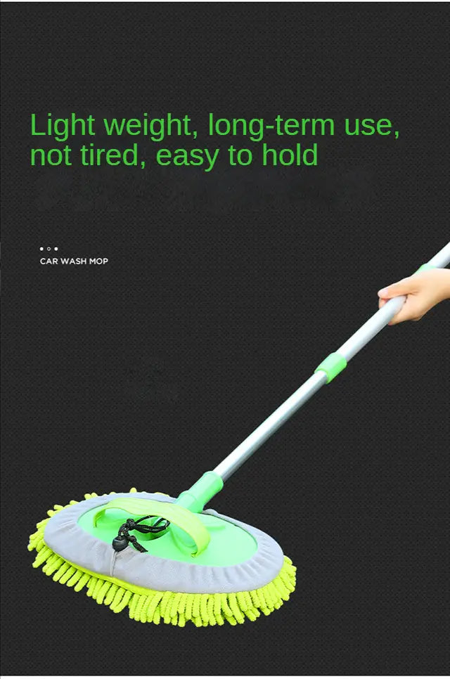 Fregona telescópica para lavado de coches con cabezal de cepillo de microfibra suave verde y gris desmontable para facilitar la limpieza.