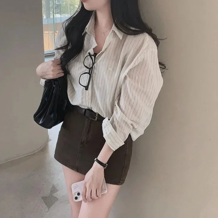 Spring Autumn Versatile Loose Striped Long Sleeve Shirt Top Women's Fashion Loose Fit Stripe Patterned Versatile Shirt