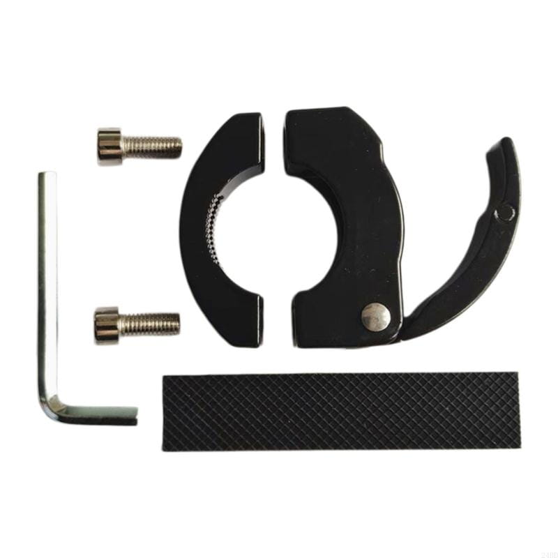 Black aluminum bike handlebar bag hook in metal with two screws and an allen key displayed on the back side for scooters.