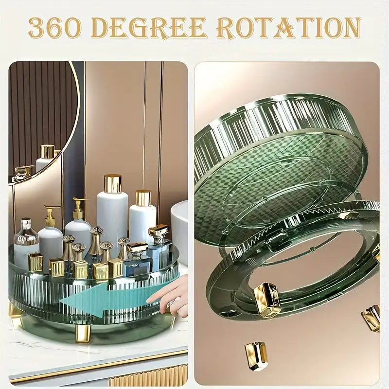 Klarer kreisförmiger drehbarer Make-up-Organizer mit strukturierter grünlicher Tönung und goldfarbenen metallischen Akzenten, transparente runde Aufbewahrungsfläche für Kosmetik.
