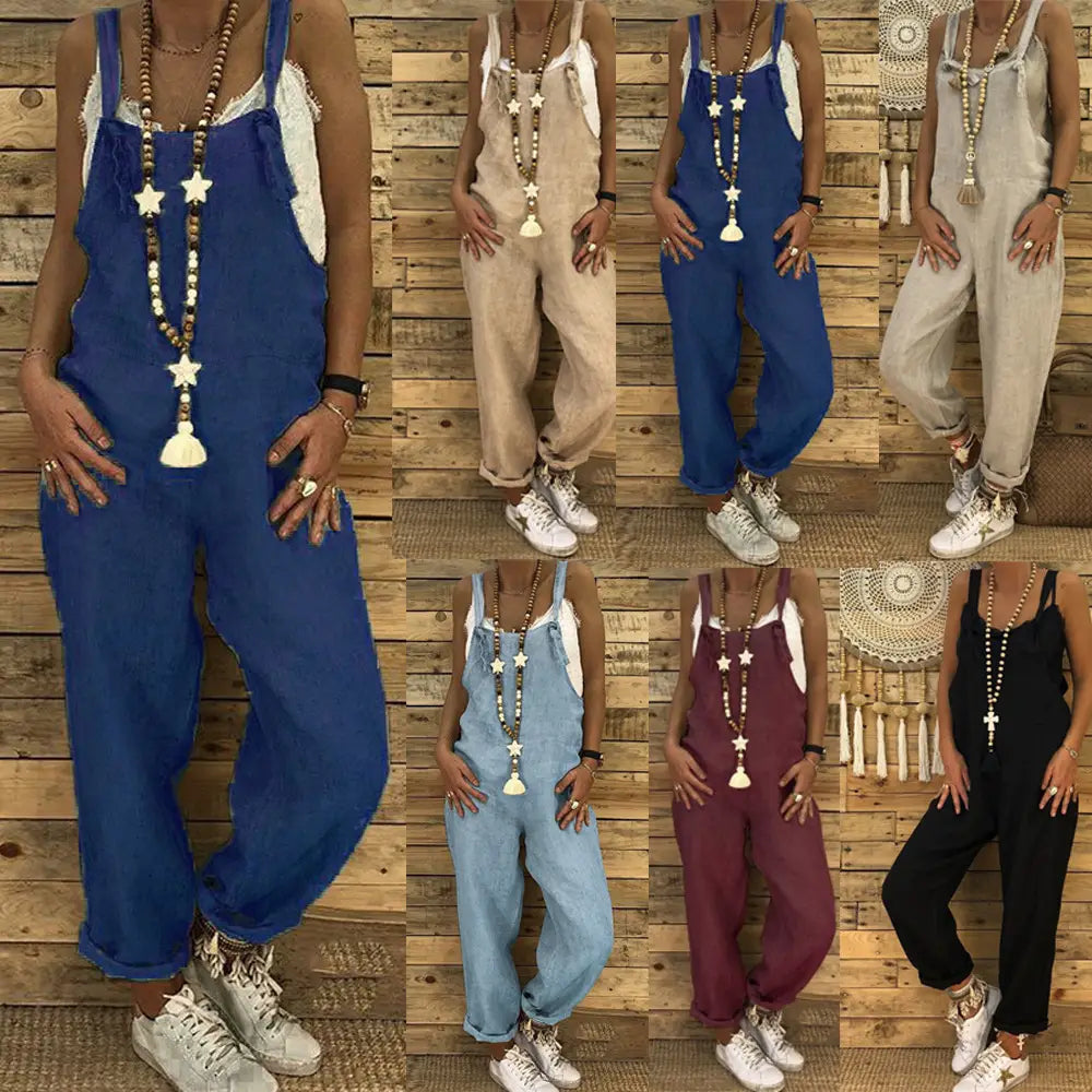 Lockere Jeans-Sommerlatzhosen für Damen in Blau mit weißen sternförmigen Anhängerketten.