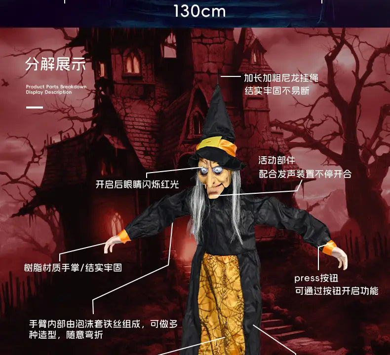figurine animée de sorcière d’Halloween suspendue pour maison hantée, mesurant 130 cm de hauteur, avec un chapeau pointu noir, des yeux bleus lumineux et une longue perruque grise, conçue comme jouet électrique hanté pour des décorations effrayantes.