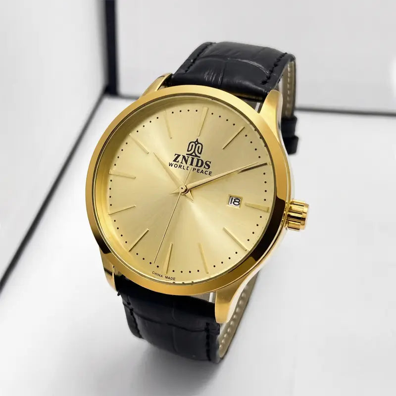 gold-tone znids world peace automatic skeleton mechanical watch with a black leather strap and gold dial featuring date display