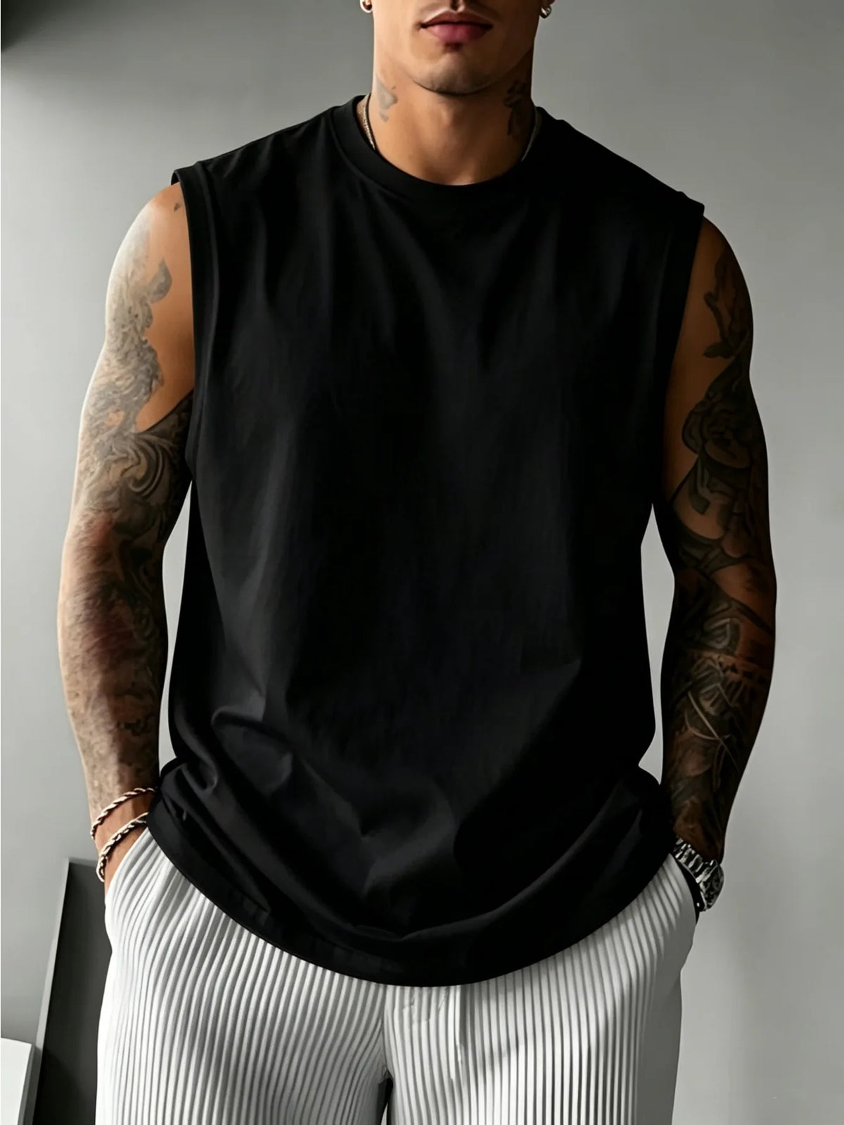 Men's Summer American High-Street Retro Print Tank Top: Streetwear Hip-Hop Style, Loose-Fit, Round Neck, Sleeveless Top