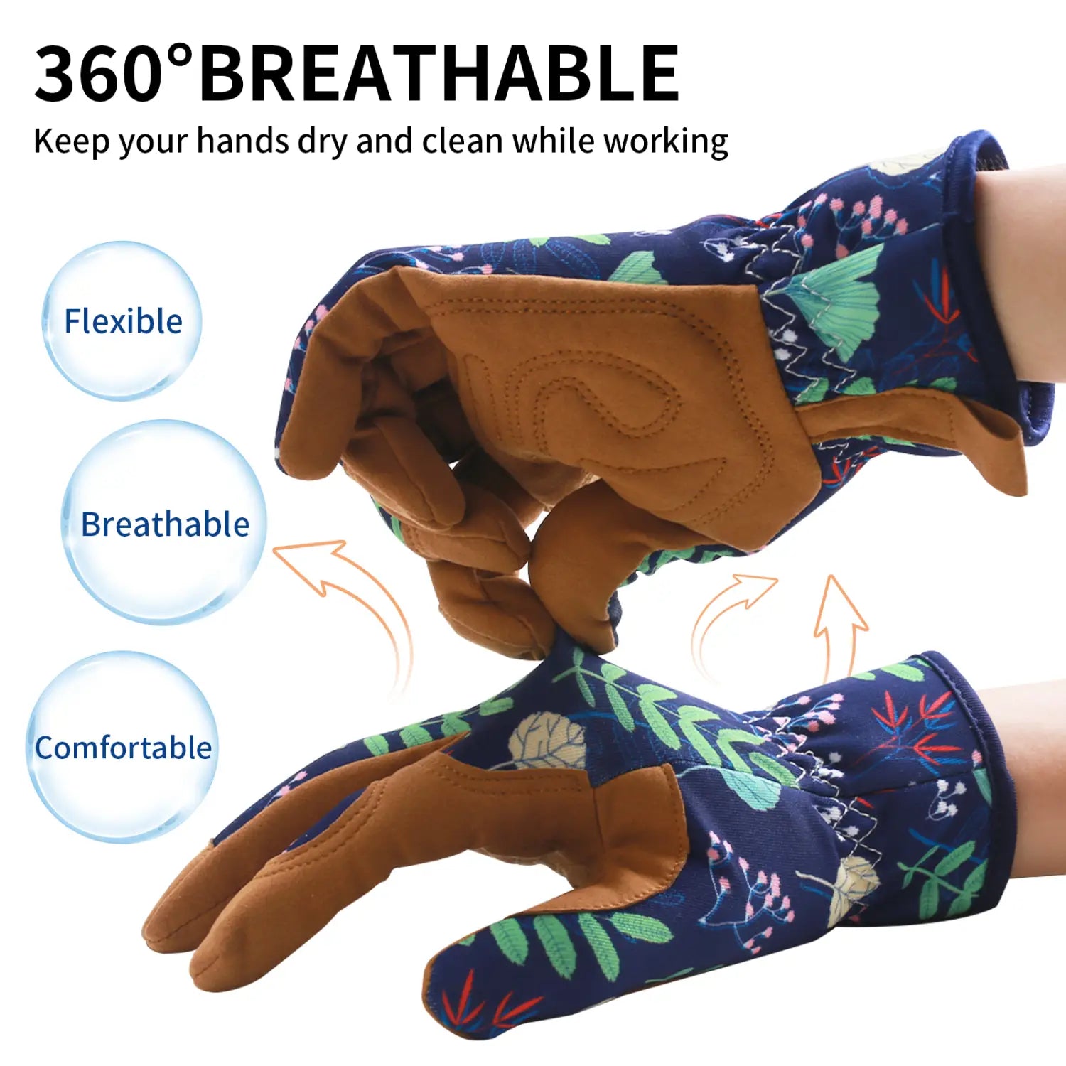 Gants de jardinage floraux bleu foncé pour femmes, avec design respirant anti-épines et paumes en cuir marron présentées du côté arrière.
